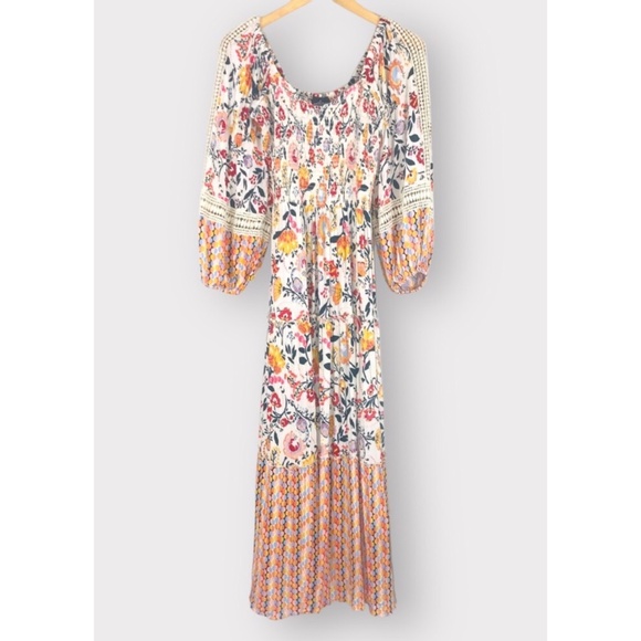 ANGIE Ivory Floral Smocked Long Sleeve Tiered Maxi Dress - Picture 4 of 11